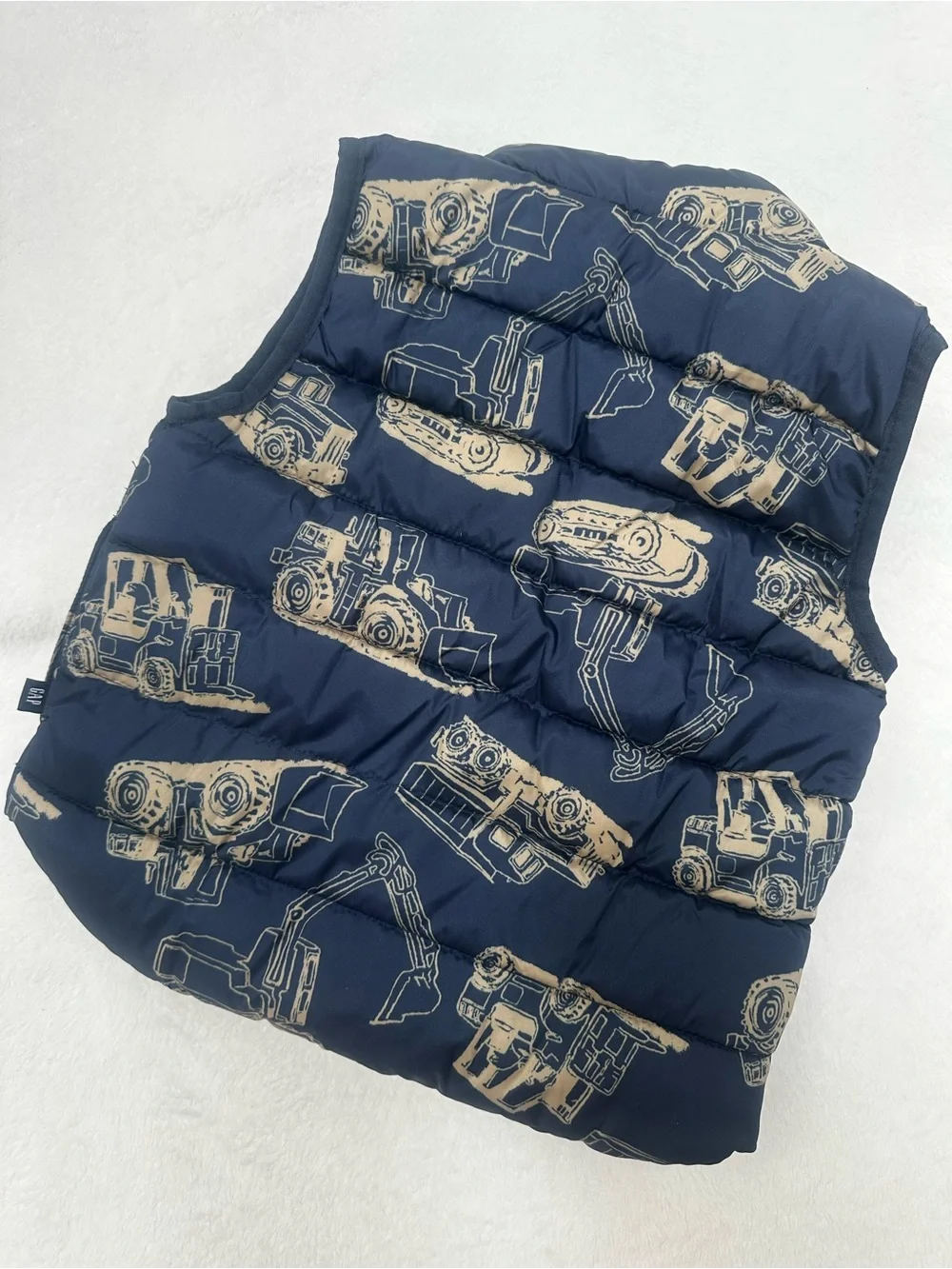 GAP Navy Puffer Vest with Tan Construction Print NWT 12-18 mo